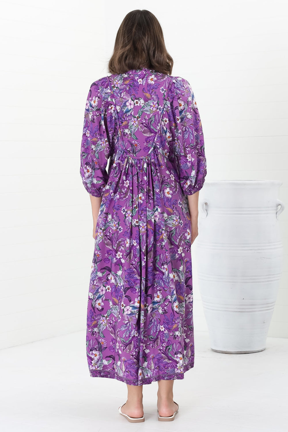 Boheme Midi Dress - Piping Defined Bust Slimline Smock Dress in Rhodium Print