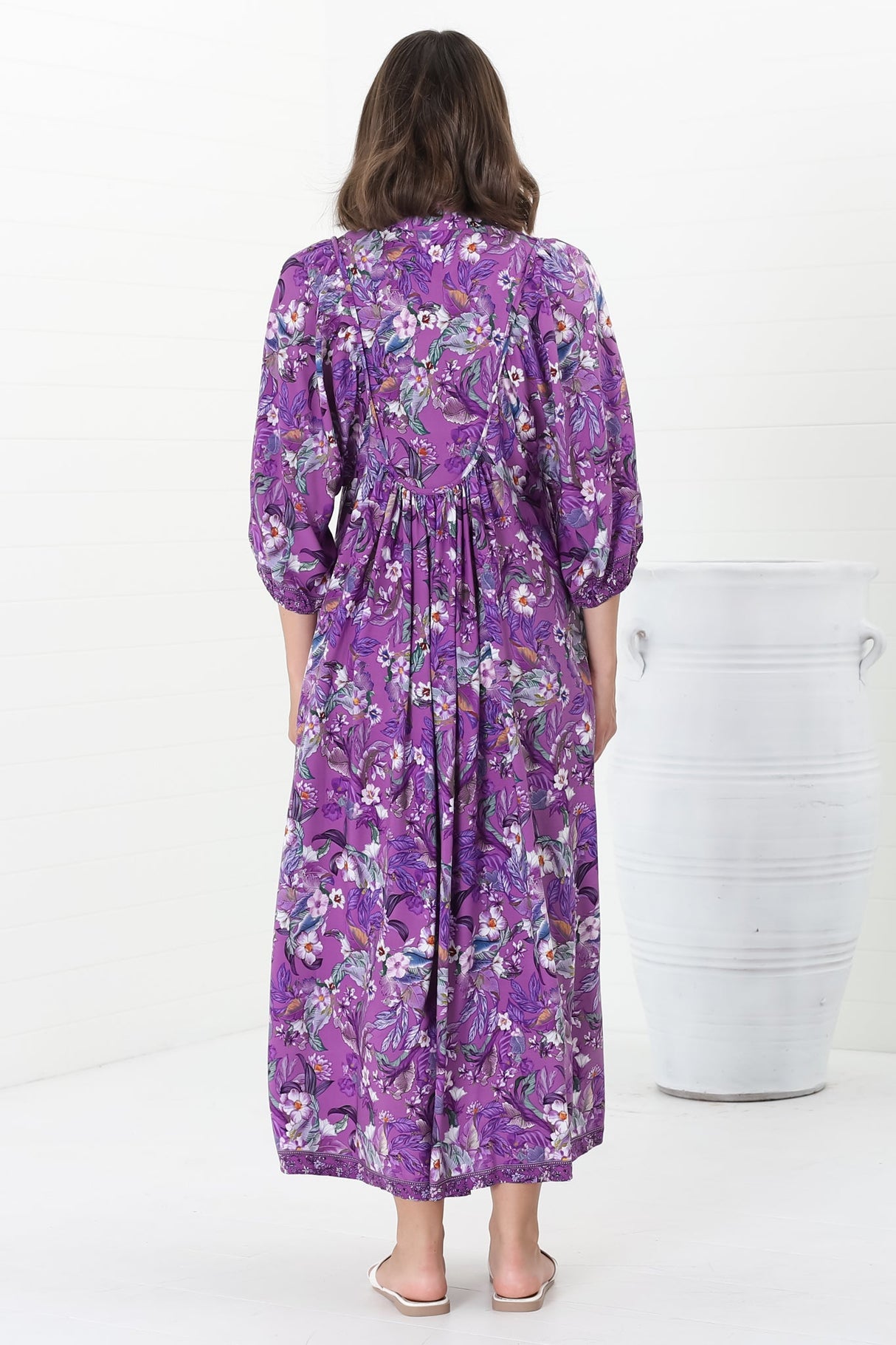 Boheme Midi Dress - Piping Defined Bust Slimline Smock Dress in Rhodium Print