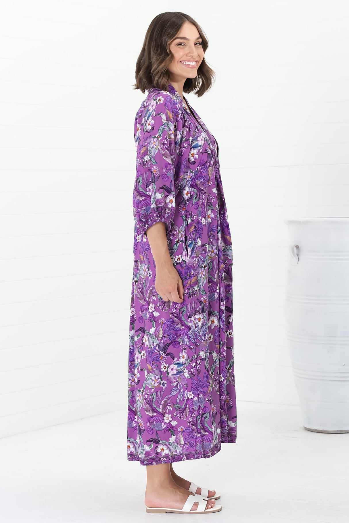 Boheme Midi Dress - Piping Defined Bust Slimline Smock Dress in Rhodium Print