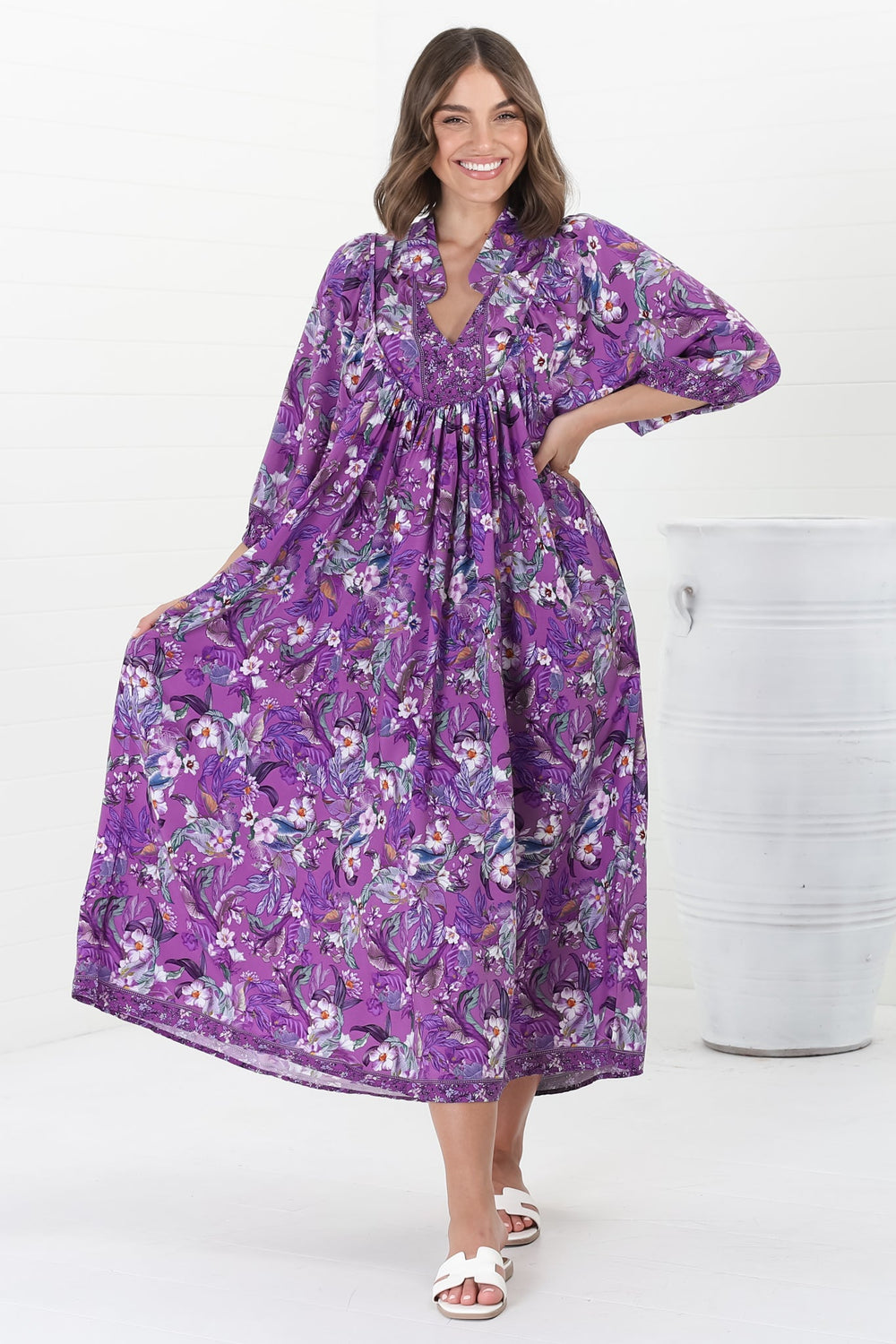 Boheme Midi Dress - Piping Defined Bust Slimline Smock Dress in Rhodium Print