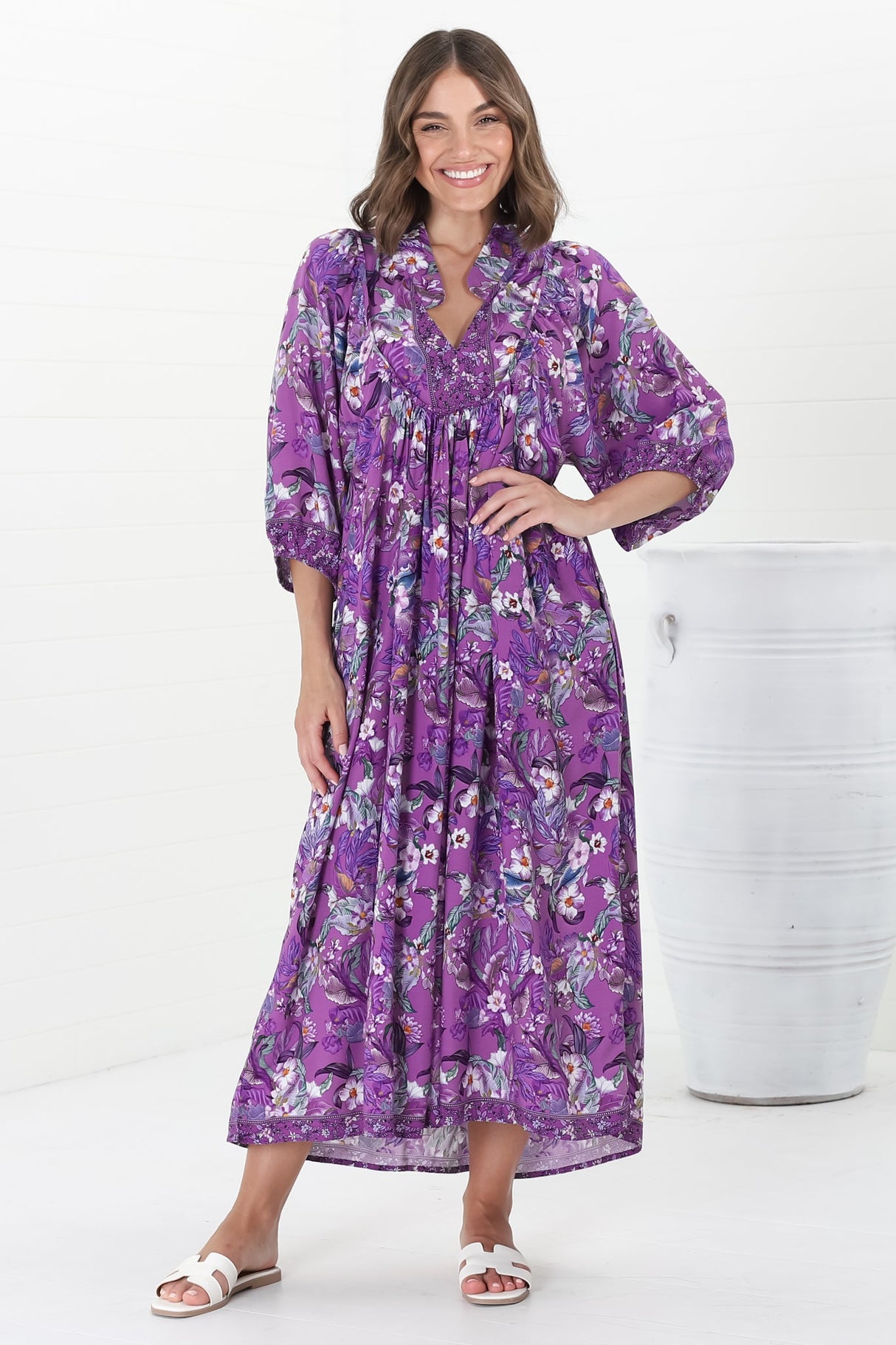 Boheme Midi Dress - Piping Defined Bust Slimline Smock Dress in Rhodium Print