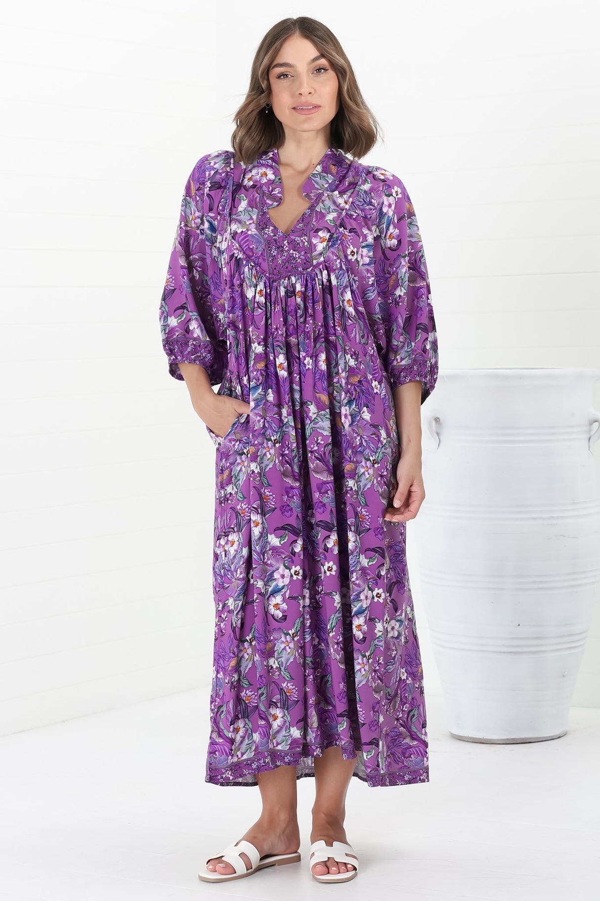 Boheme Midi Dress - Piping Defined Bust Slimline Smock Dress in Rhodium Print