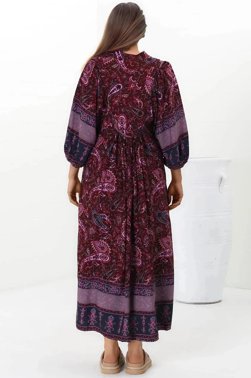 Boheme Midi Dress - Piping Defined Bust Slimline Smock Dress In Sadie Print