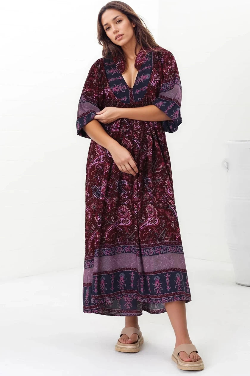 Boheme Midi Dress - Piping Defined Bust Slimline Smock Dress In Sadie Print