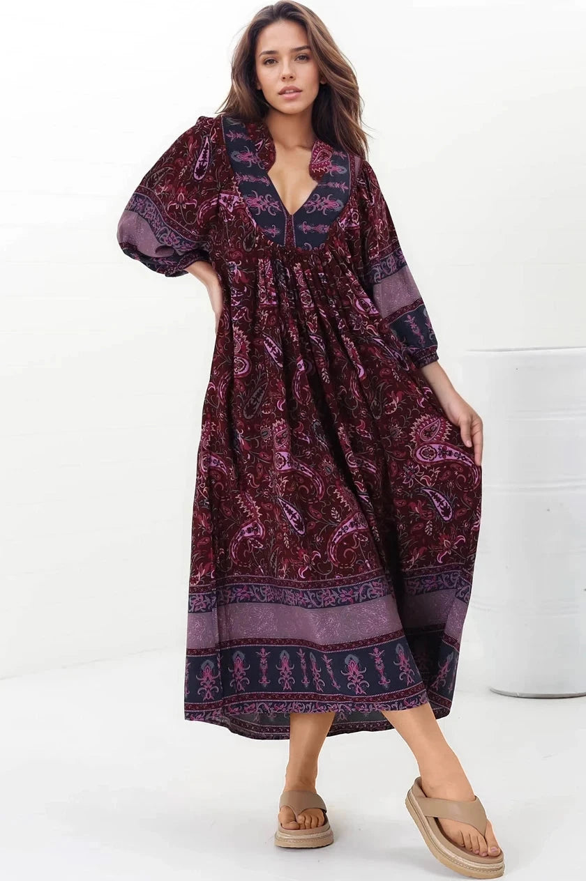 Boheme Midi Dress - Piping Defined Bust Slimline Smock Dress In Sadie Print