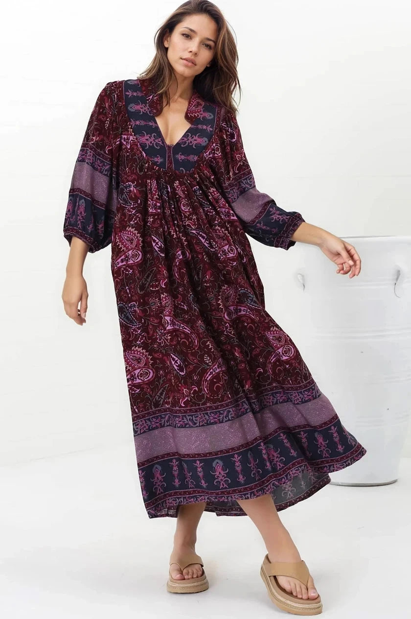 Boheme Midi Dress - Piping Defined Bust Slimline Smock Dress In Sadie Print