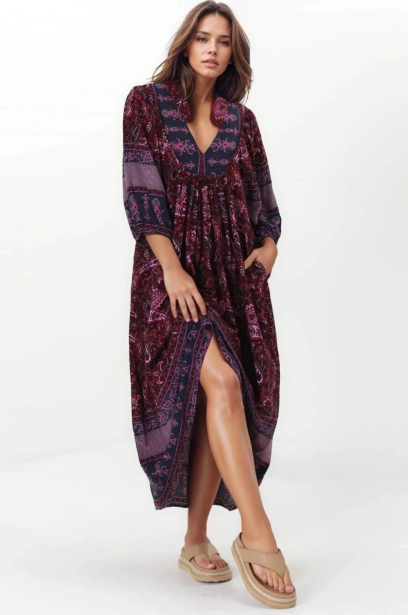 Boheme Midi Dress - Piping Defined Bust Slimline Smock Dress In Sadie Print