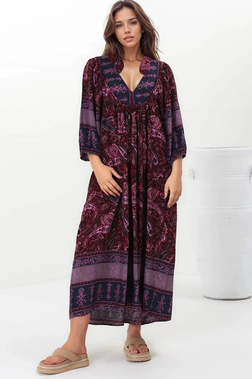 Boheme Midi Dress - Piping Defined Bust Slimline Smock Dress In Sadie Print