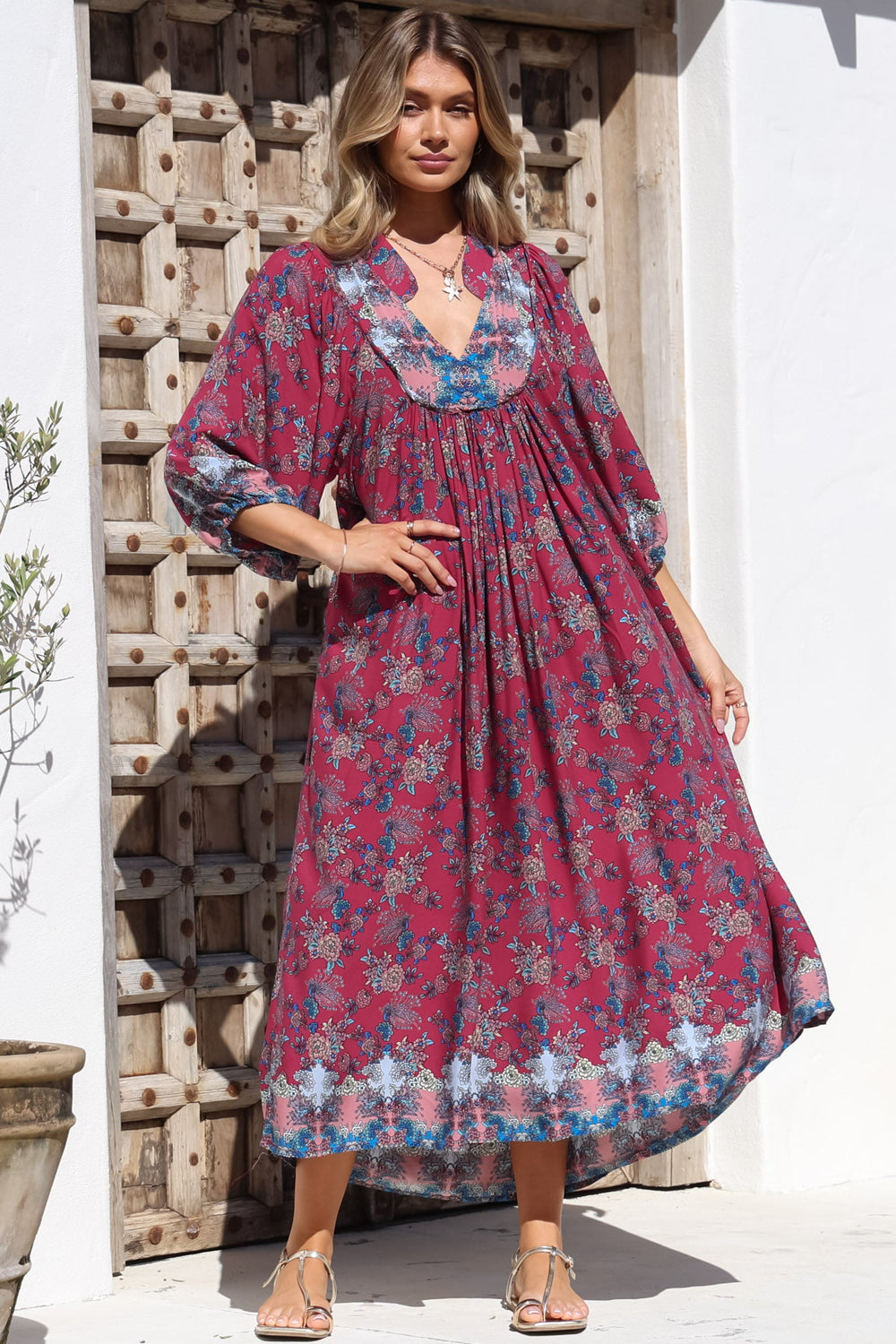 Boheme Midi Dress - Piping Defined Bust Slimline Smock Dress In Strawberry Kiss Print