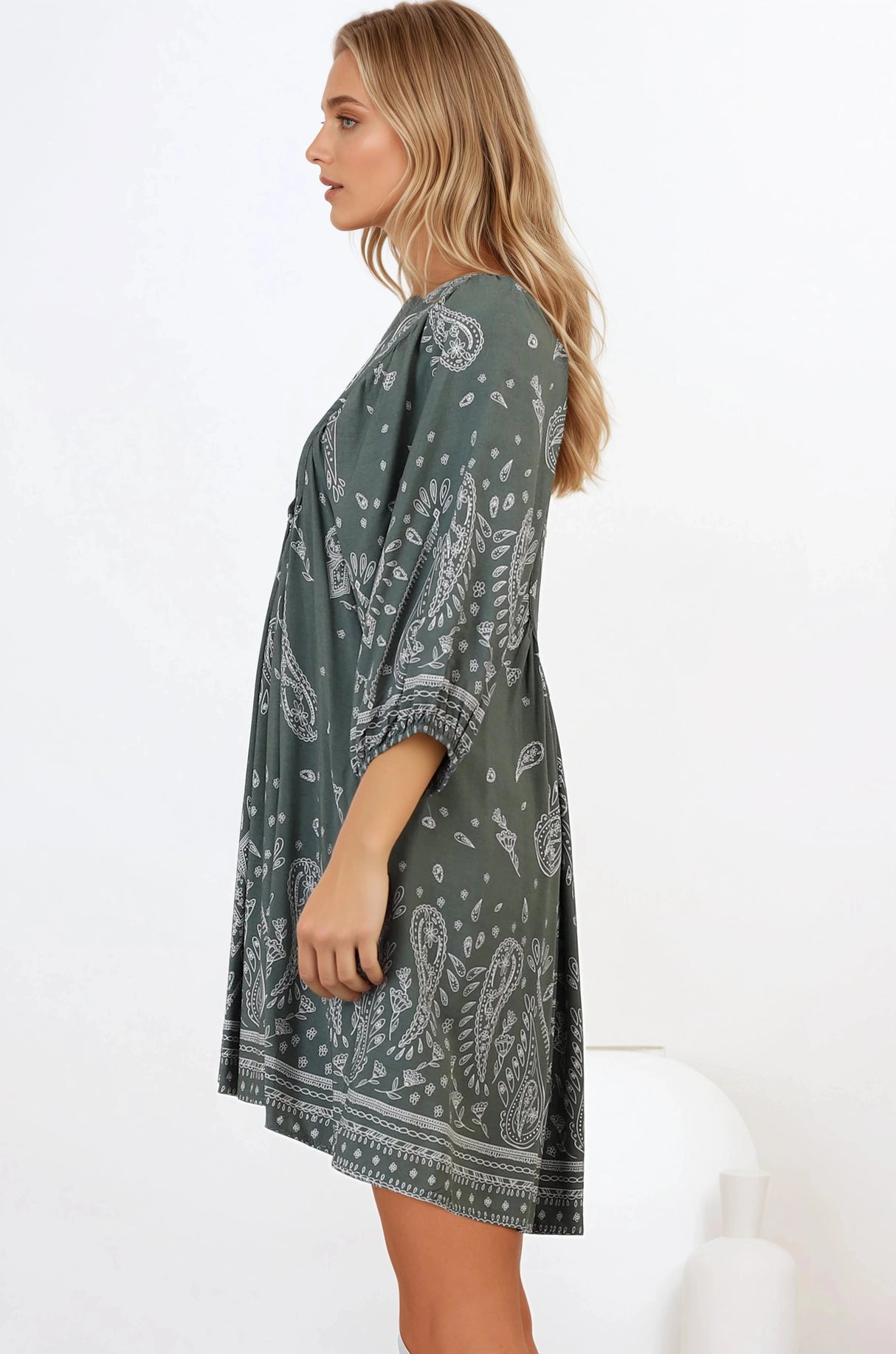 JAASE - Boheme Mini Dress: Mandarin Collar Slimline Smock Dress in Constance Print