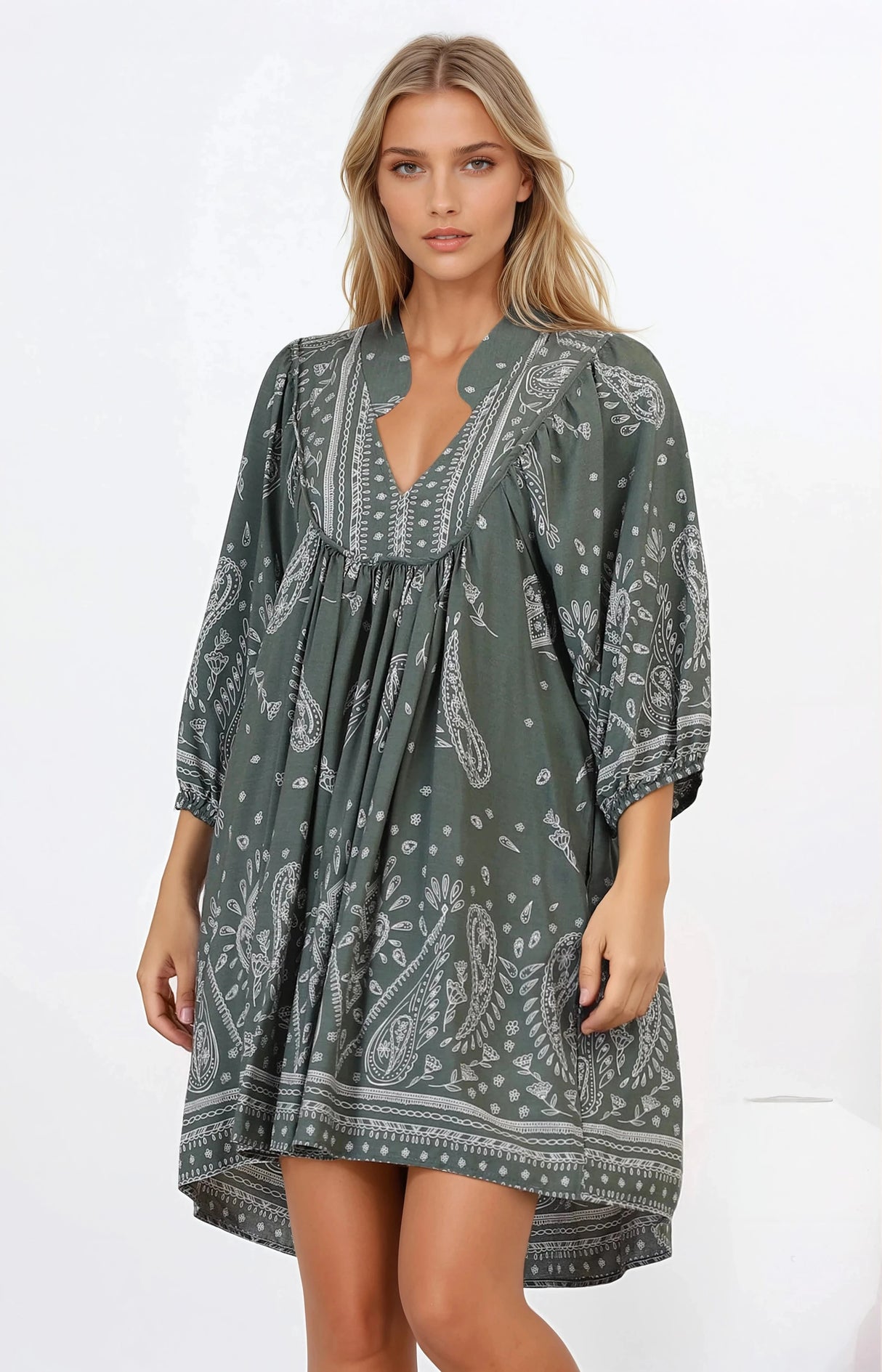 JAASE - Boheme Mini Dress: Mandarin Collar Slimline Smock Dress in Constance Print