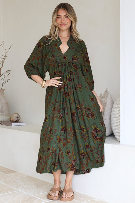 JAASE - Boheme Midi Dress: Piping Defined Bust Slimline Smock Dress In Esme Print