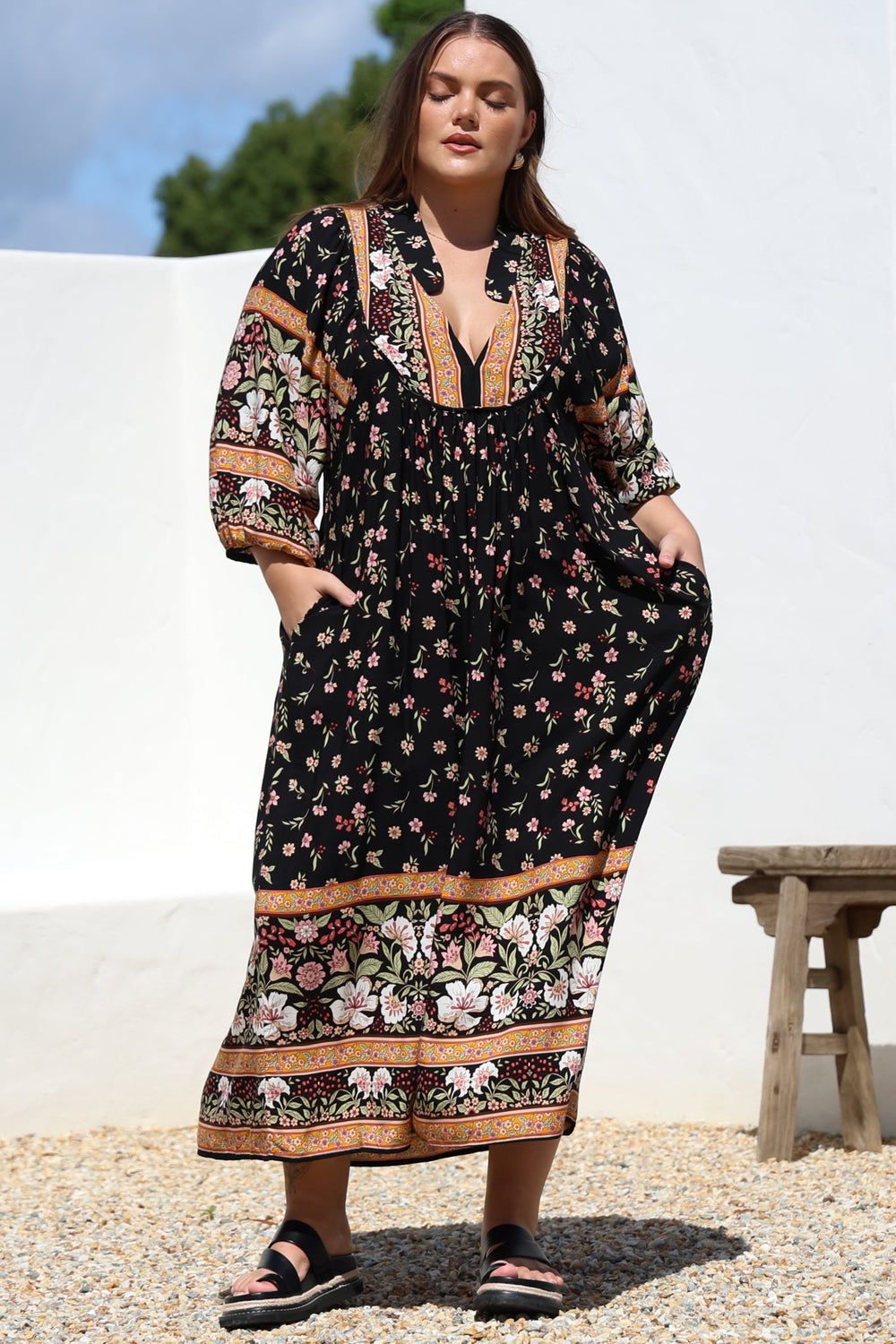 JAASE - Boheme Midi Dress: Piping Defined Bust Slimline Smock Dress In Eternity Print