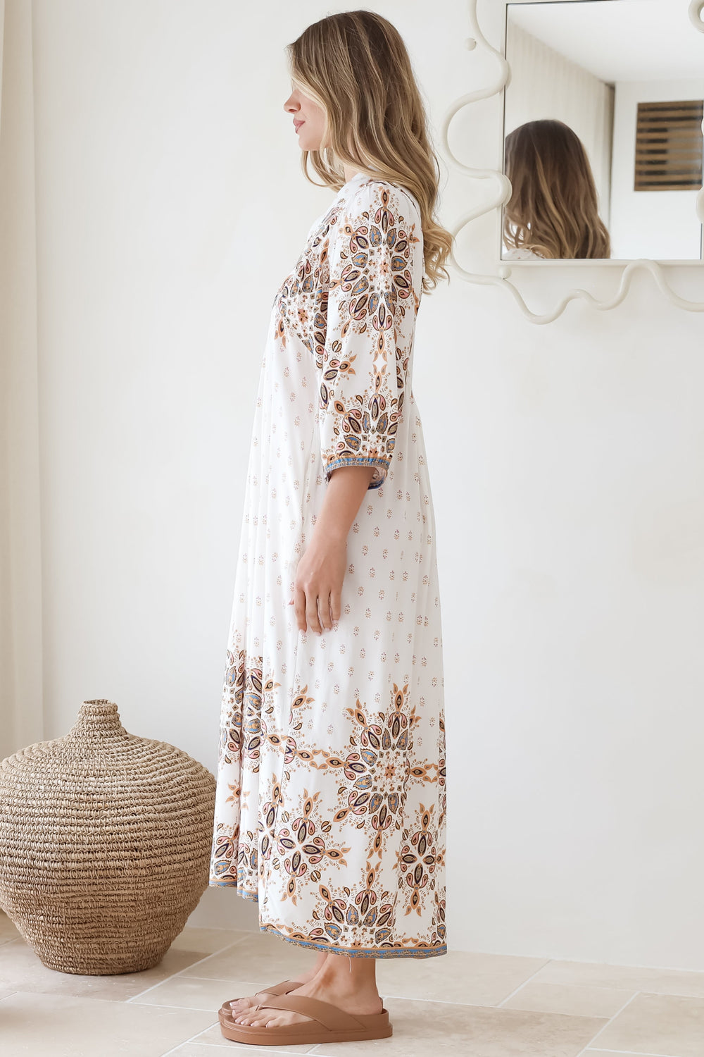 Boheme Midi Dress - Piping Defined Bust Slimline Smock Dress In Gemstone Print