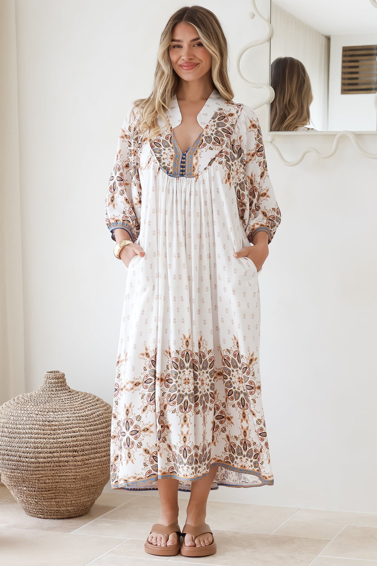 Boheme Midi Dress - Piping Defined Bust Slimline Smock Dress In Gemstone Print