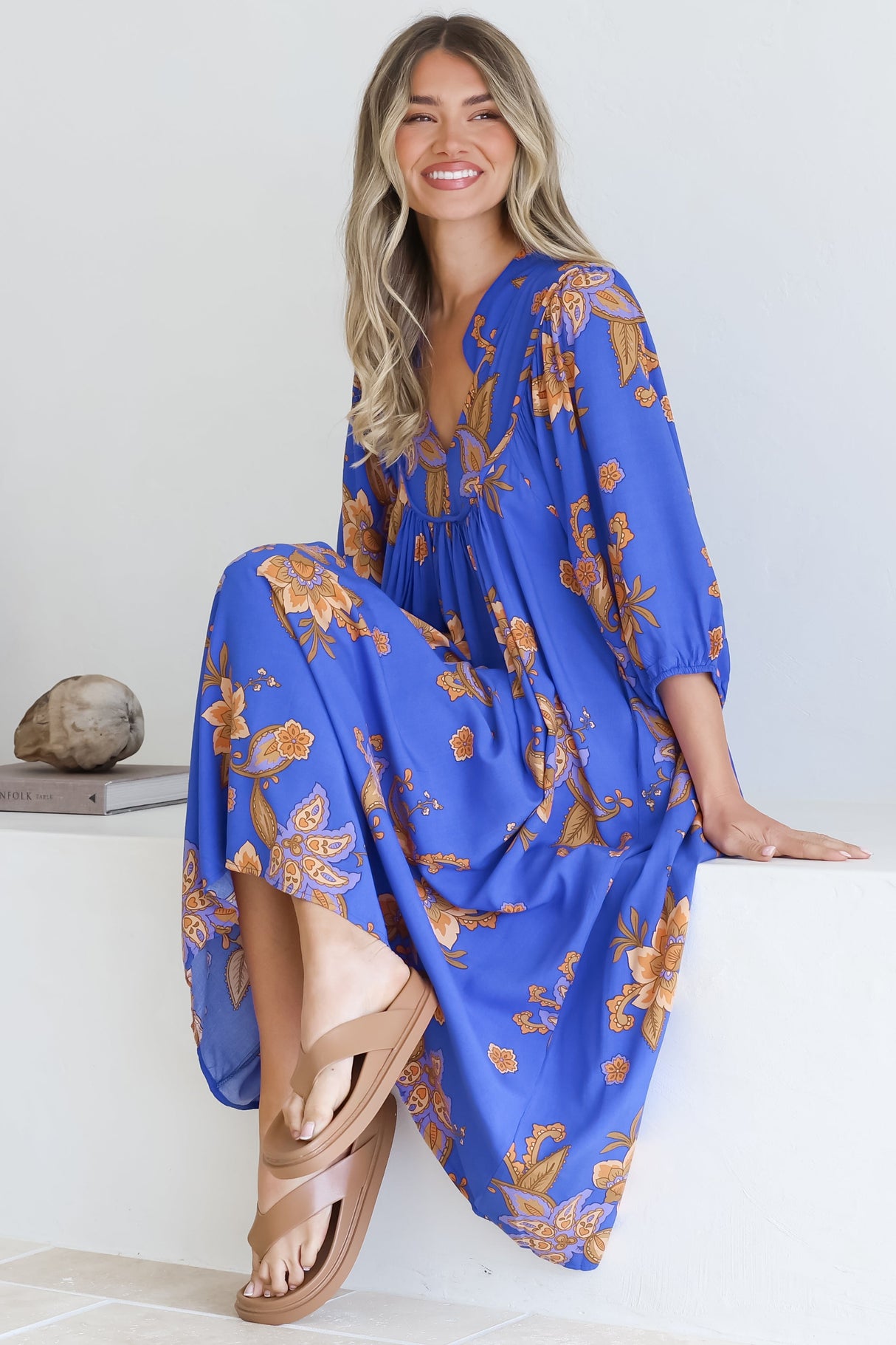 Boheme Midi Dress - Piping Defined Bust Slimline Smock Dress In Maribella Print