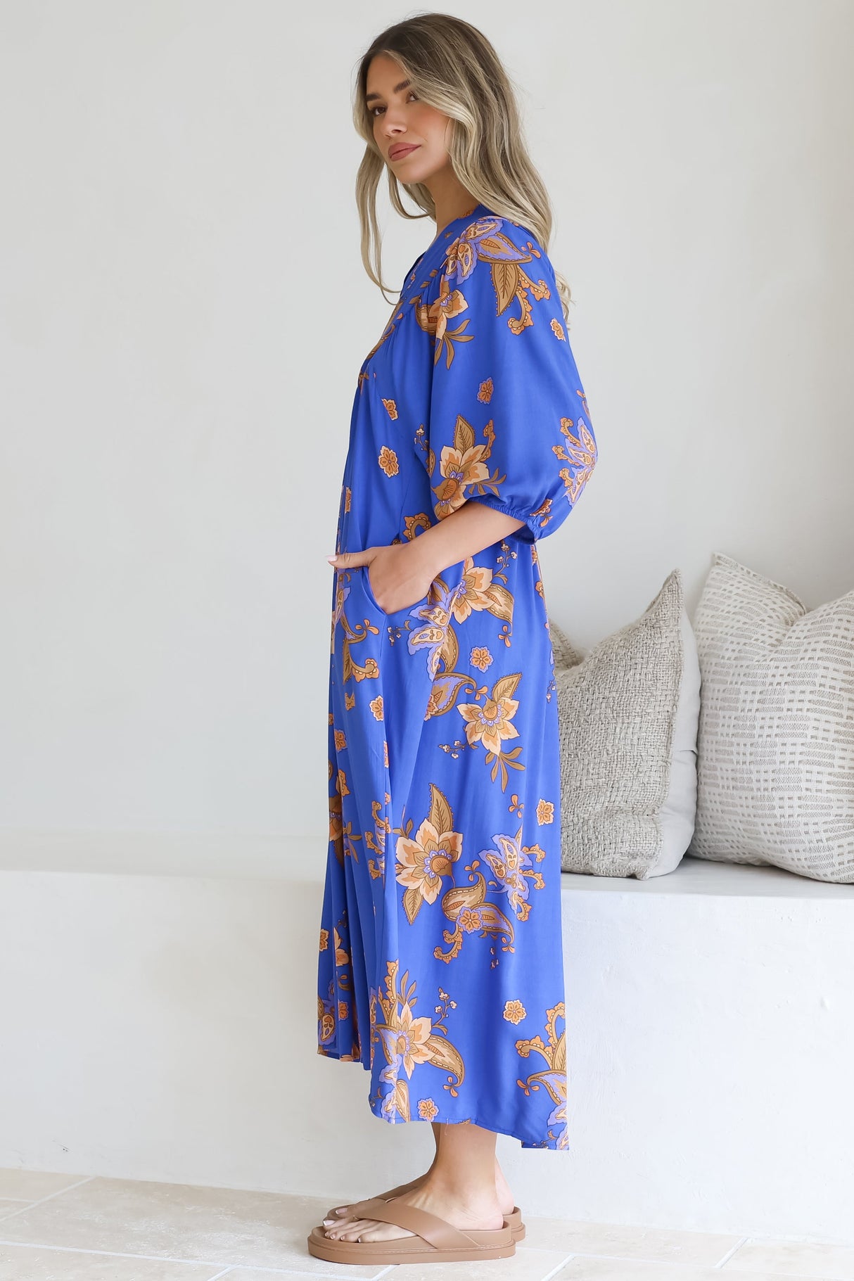 Boheme Midi Dress - Piping Defined Bust Slimline Smock Dress In Maribella Print