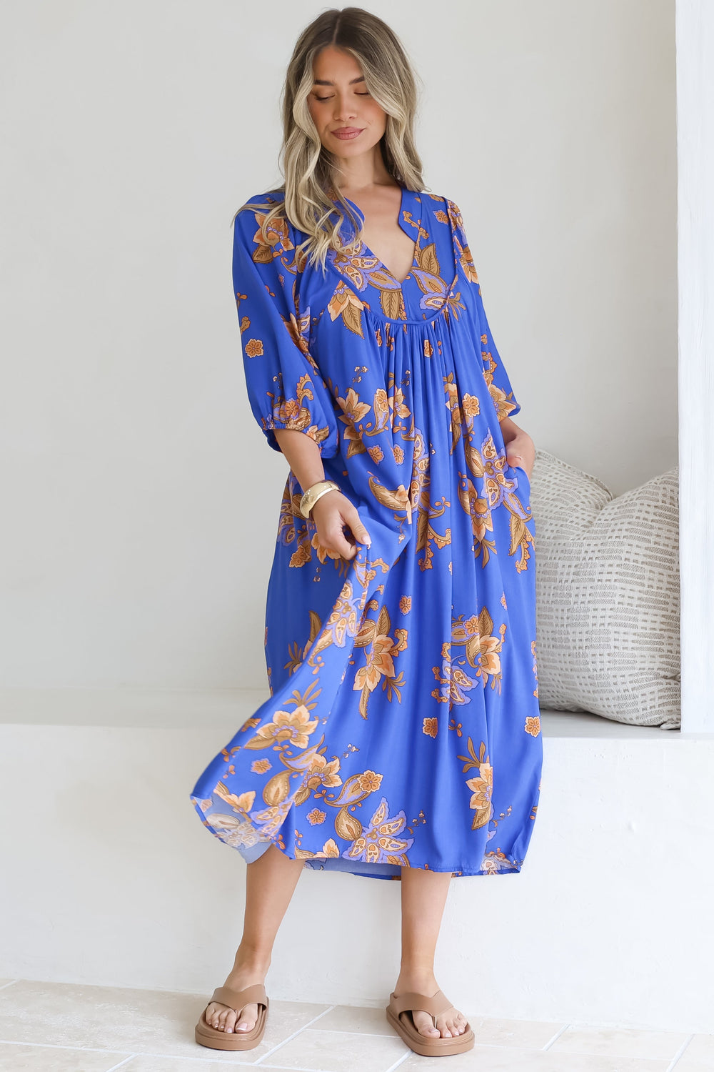 Boheme Midi Dress - Piping Defined Bust Slimline Smock Dress In Maribella Print