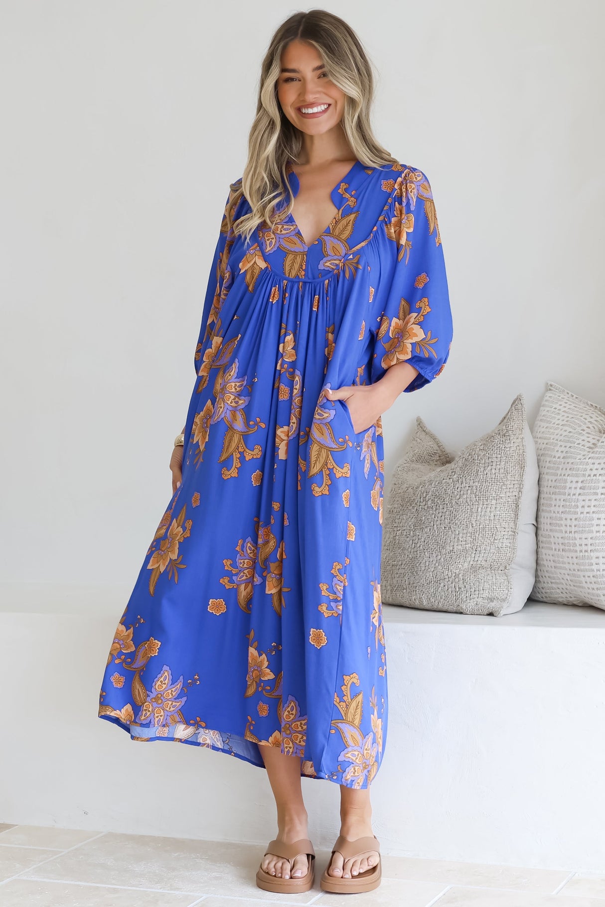 Boheme Midi Dress - Piping Defined Bust Slimline Smock Dress In Maribella Print