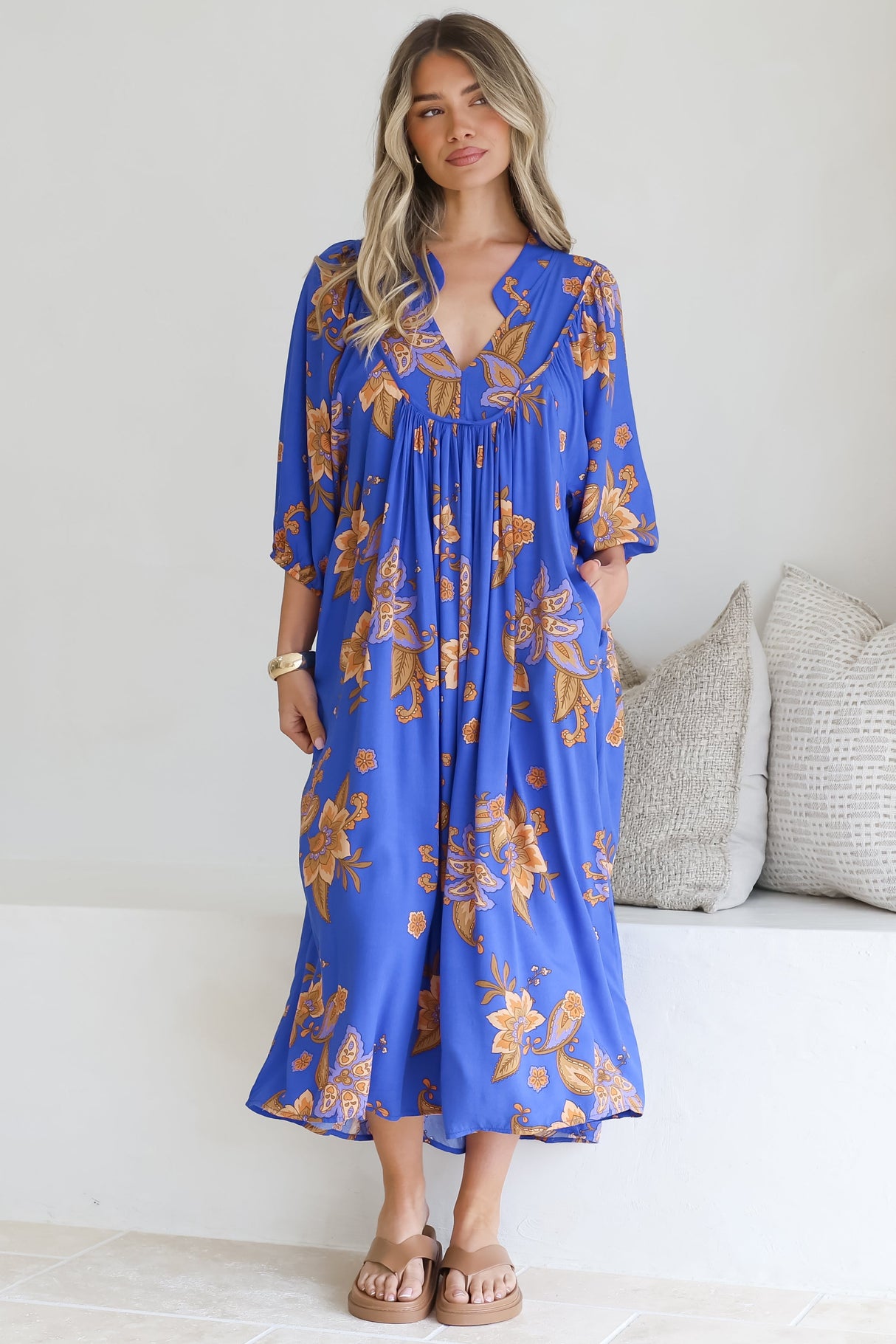 Boheme Midi Dress - Piping Defined Bust Slimline Smock Dress In Maribella Print