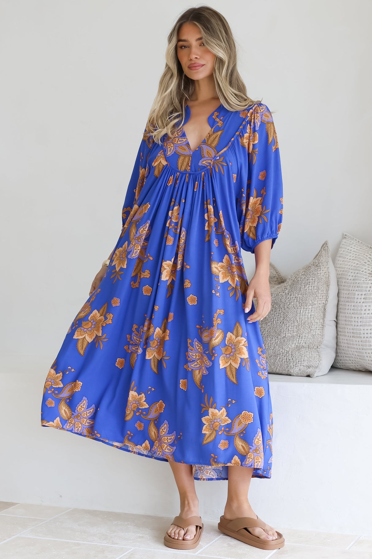 Boheme Midi Dress - Piping Defined Bust Slimline Smock Dress In Maribella Print