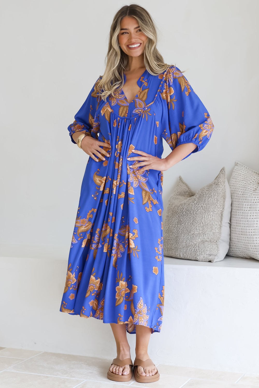Boheme Midi Dress - Piping Defined Bust Slimline Smock Dress In Maribella Print
