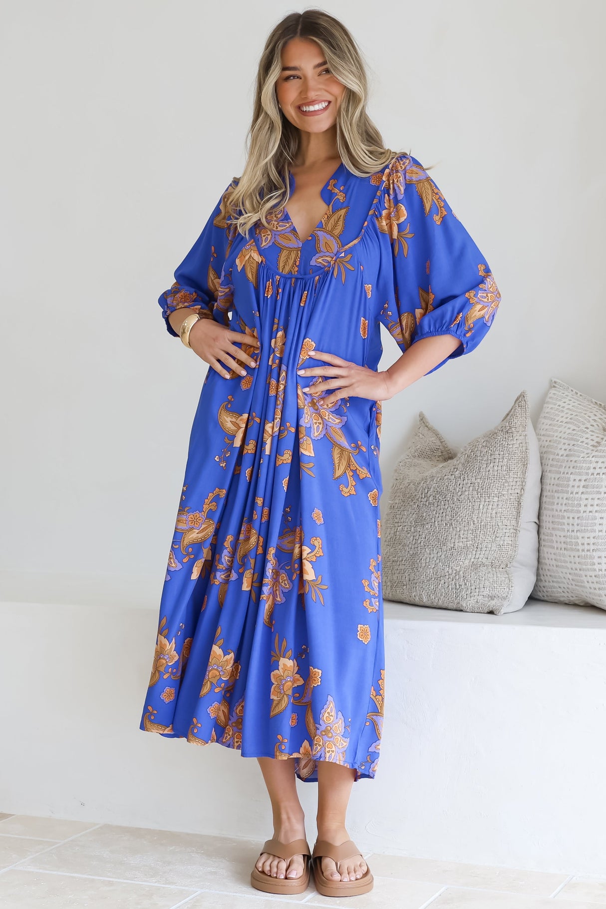 Boheme Midi Dress - Piping Defined Bust Slimline Smock Dress In Maribella Print
