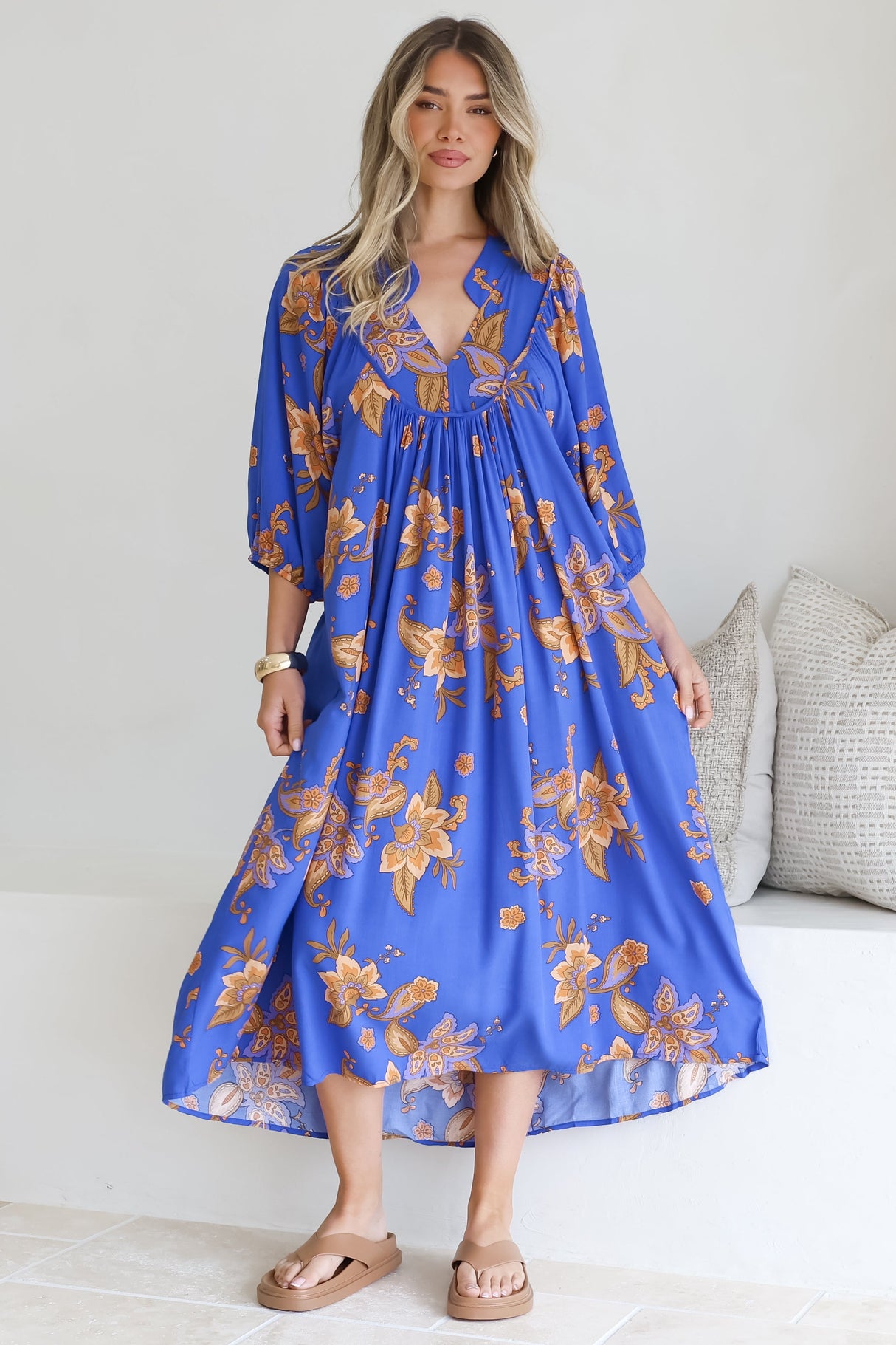 Boheme Midi Dress - Piping Defined Bust Slimline Smock Dress In Maribella Print