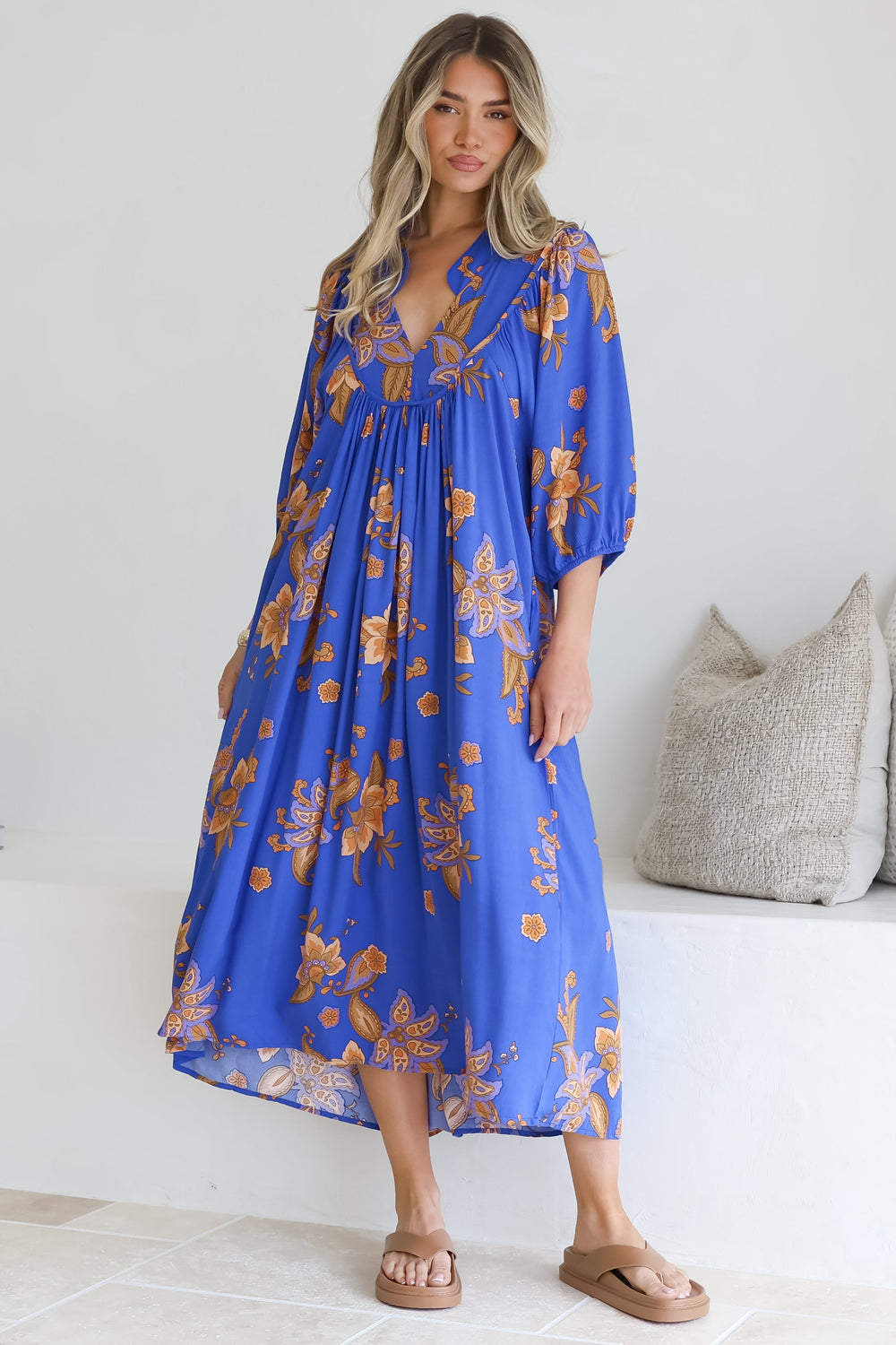 Boheme Midi Dress - Piping Defined Bust Slimline Smock Dress In Maribella Print