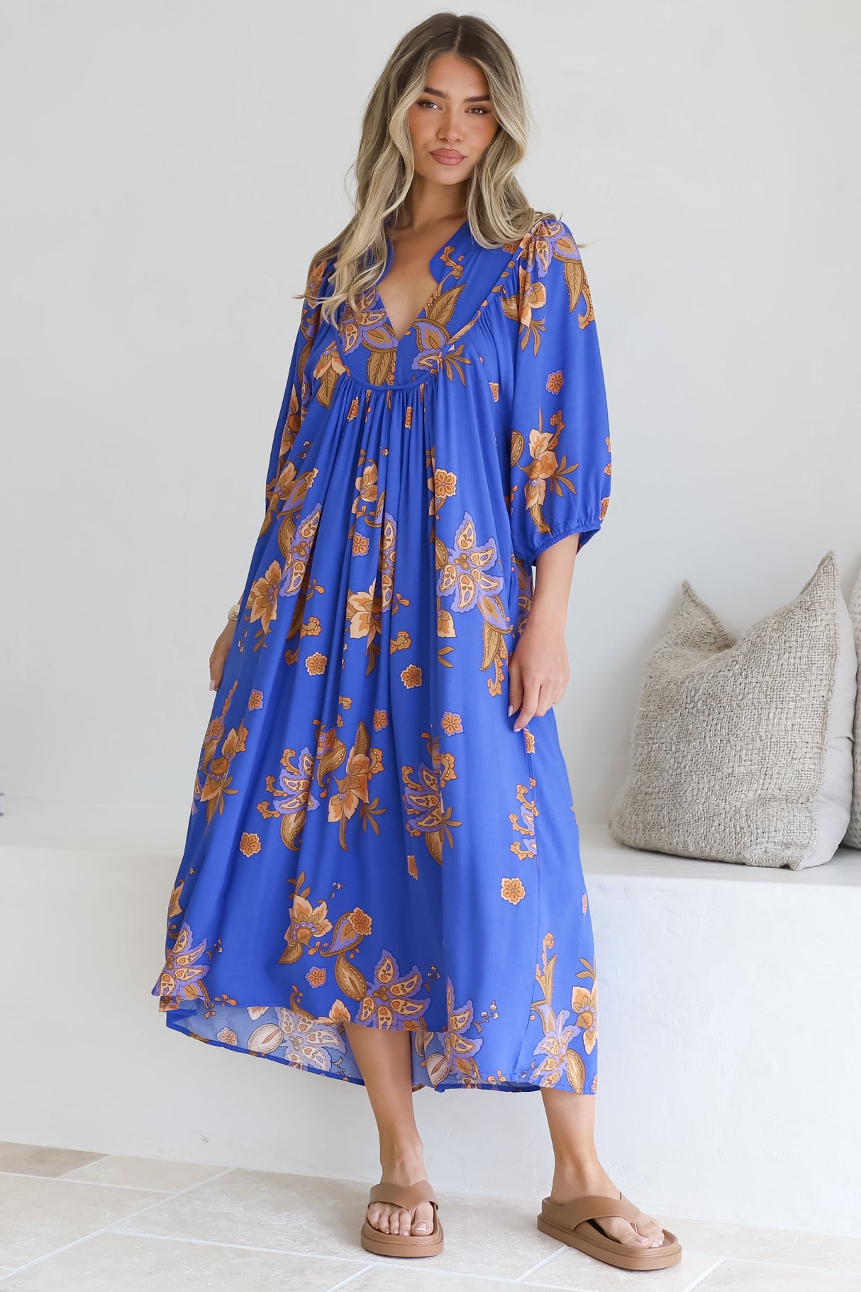 Boheme Midi Dress - Piping Defined Bust Slimline Smock Dress In Maribella Print