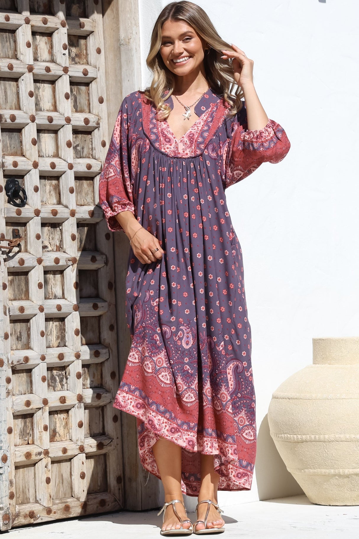 Boheme Midi Dress - Piping Defined Bust Slimline Smock Dress In Dancing Daisy Print