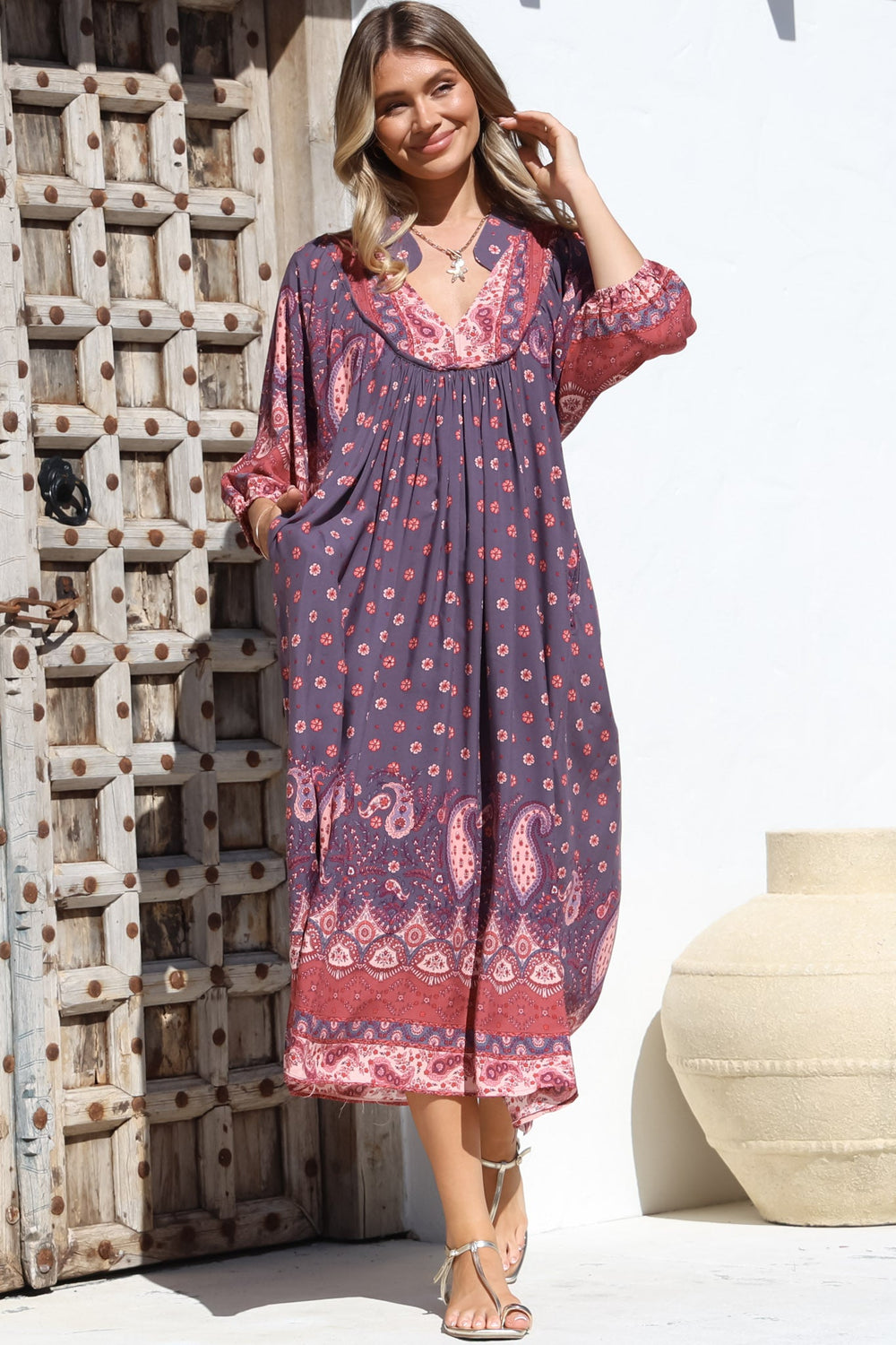 Boheme Midi Dress - Piping Defined Bust Slimline Smock Dress In Dancing Daisy Print