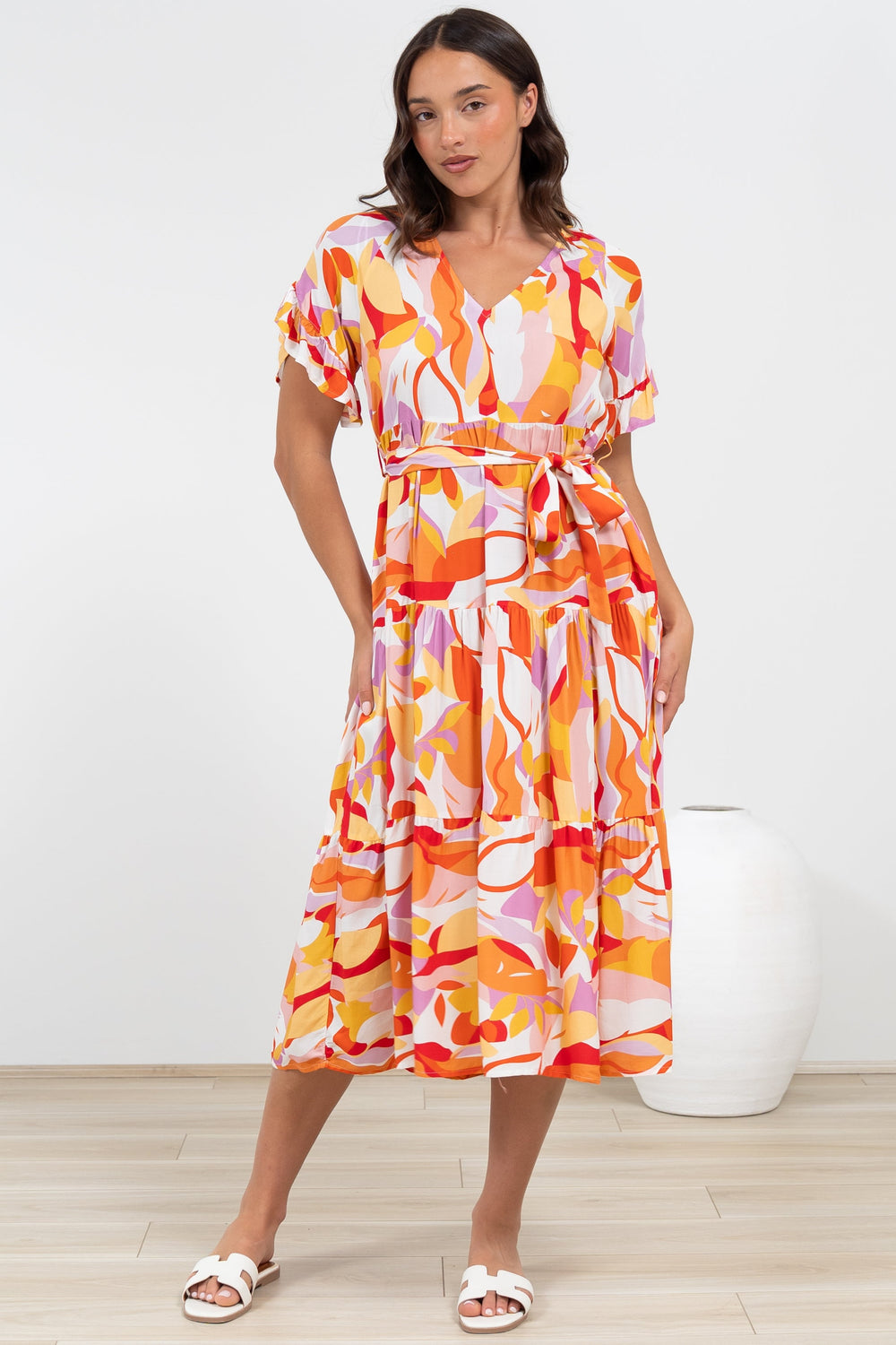Bosco Midi Dress - V-Neck Tiered Dress with Waist Tie in Fallon Print