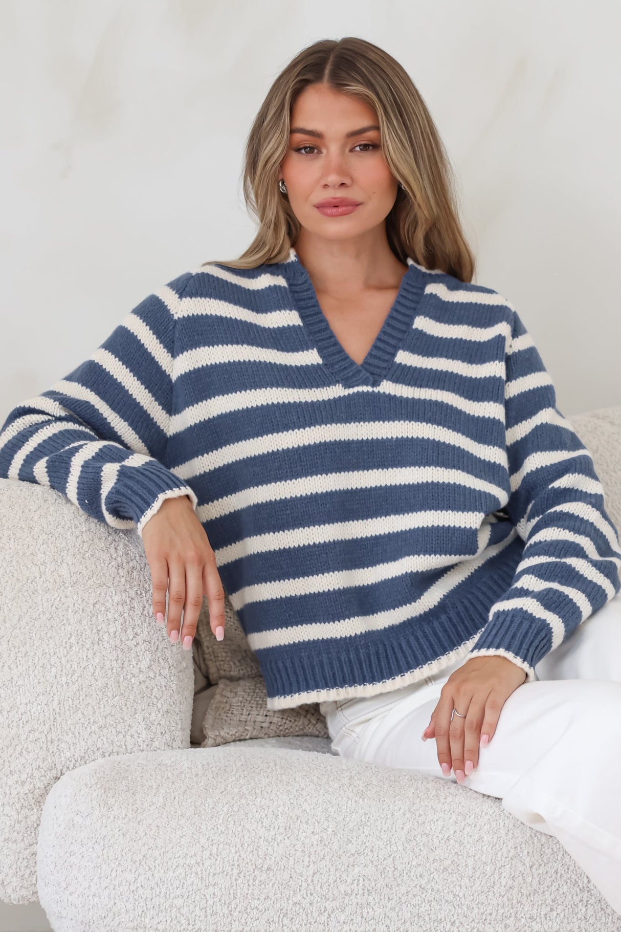 Boscoe Jumper - Split Collar V-Neck Striped Long Sleeve Knit in Navy Blue