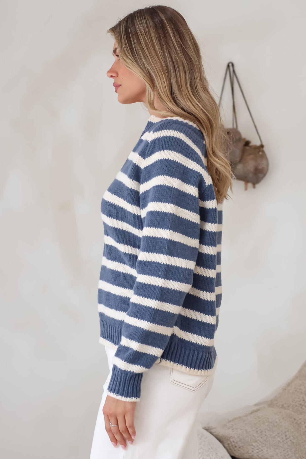 Boscoe Jumper - Split Collar V-Neck Striped Long Sleeve Knit in Navy Blue