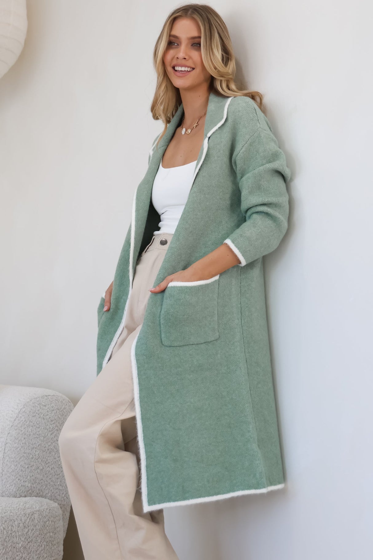 Boston Cardigan - Collared Contrast Hem Cardigan with Pockets in Green