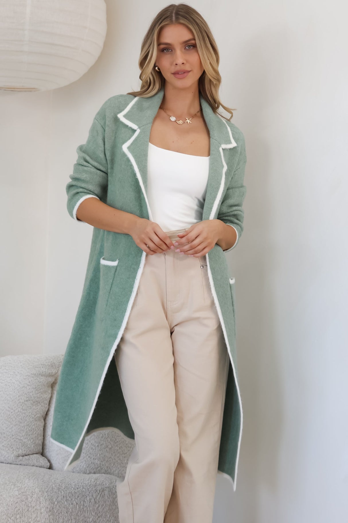 Boston Cardigan - Collared Contrast Hem Cardigan with Pockets in Green
