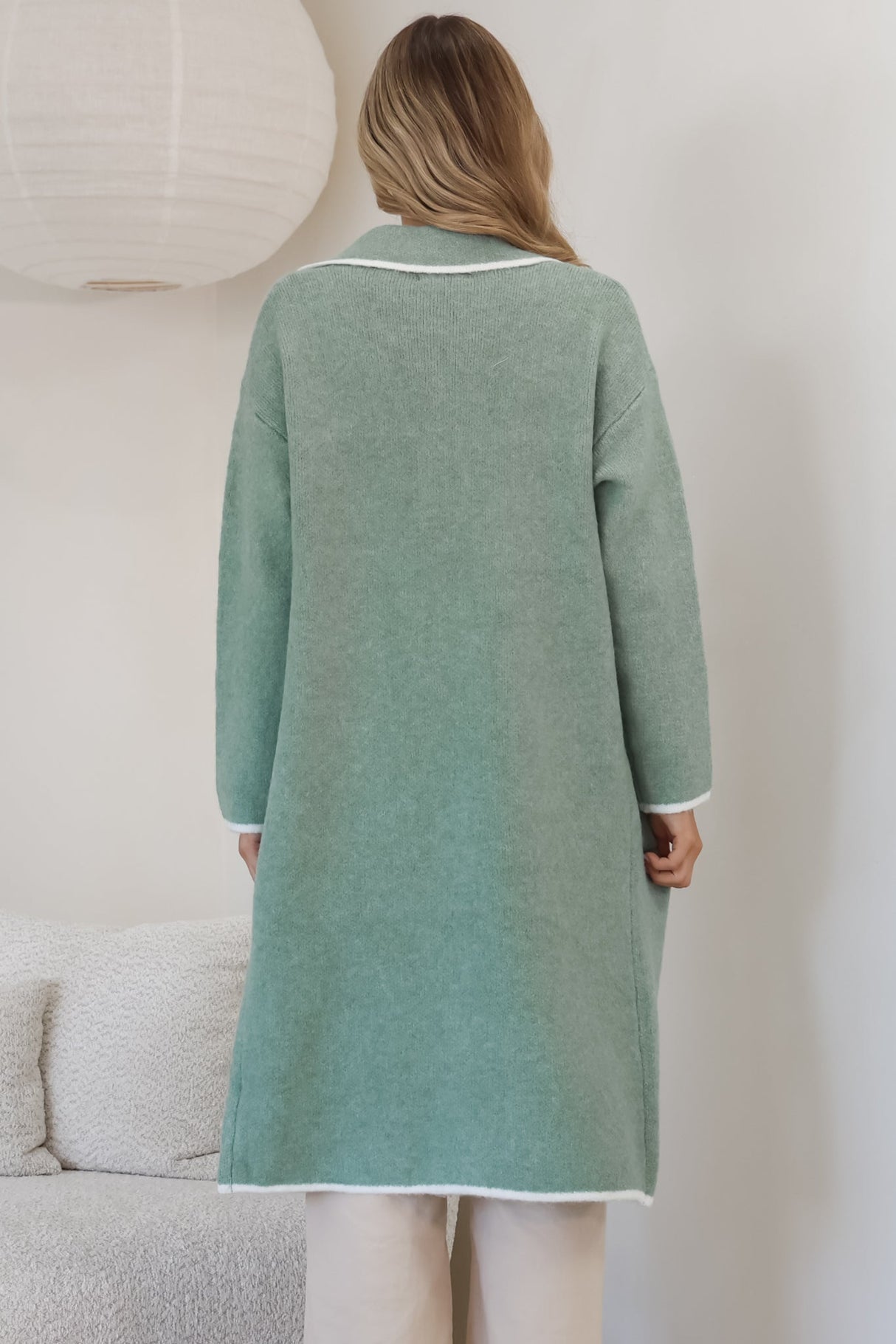 Boston Cardigan - Collared Contrast Hem Cardigan with Pockets in Green