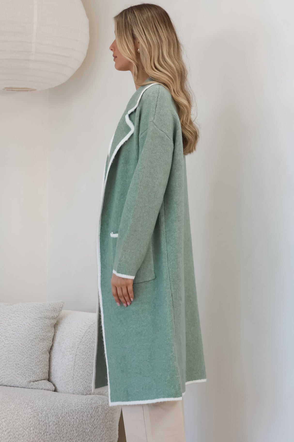 Boston Cardigan - Collared Contrast Hem Cardigan with Pockets in Green