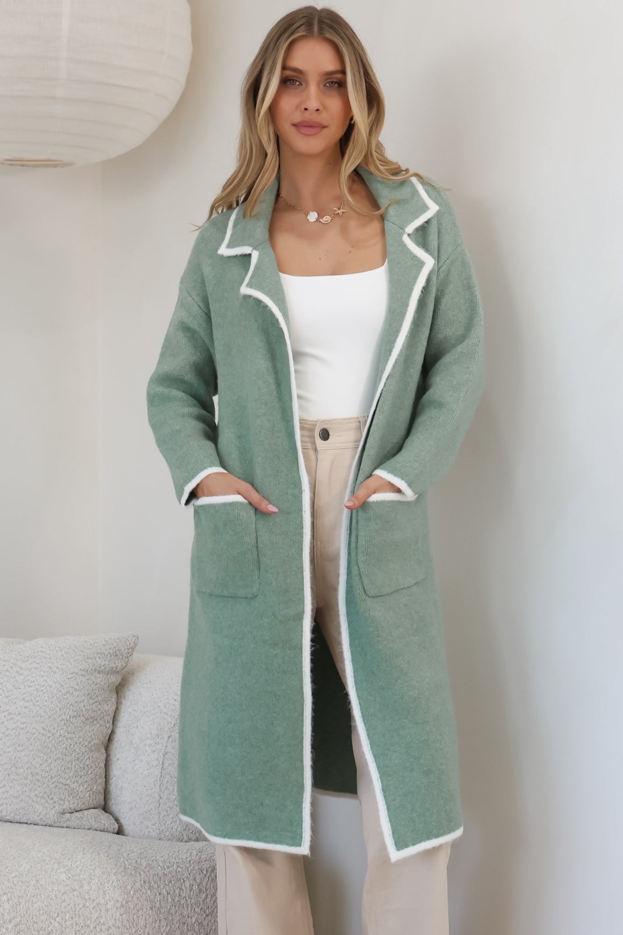 Boston Cardigan - Collared Contrast Hem Cardigan with Pockets in Green