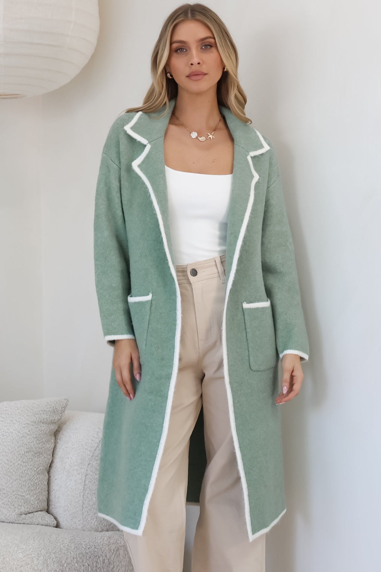 Boston Cardigan - Collared Contrast Hem Cardigan with Pockets in Green