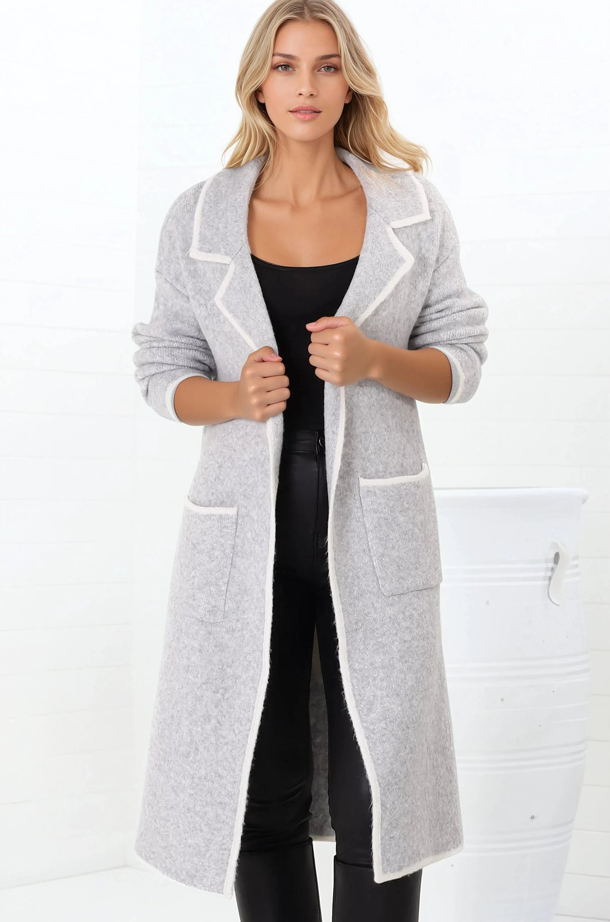 Boston Cardigan - Collared Contrast Hem Cardigan with Pockets in Grey