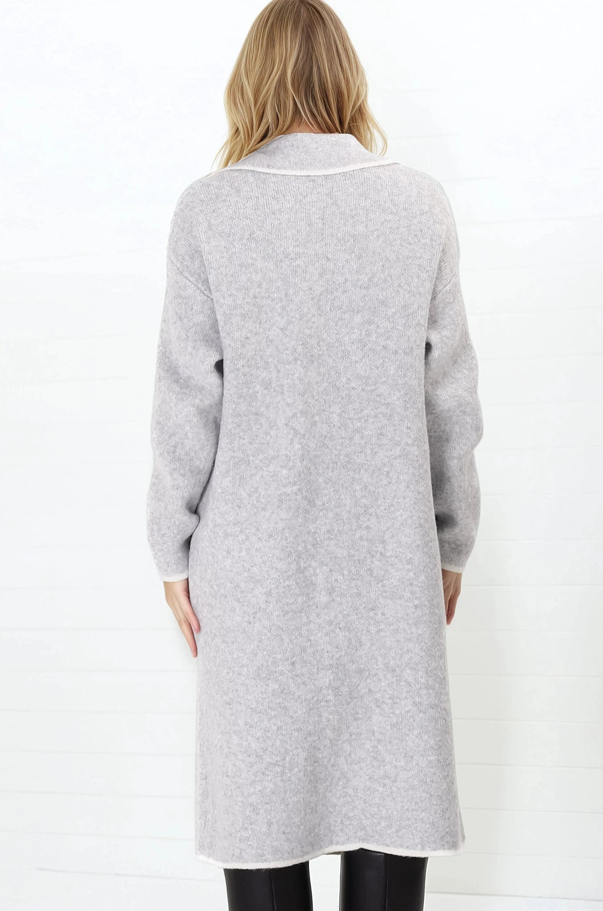 Boston Cardigan - Collared Contrast Hem Cardigan with Pockets in Grey
