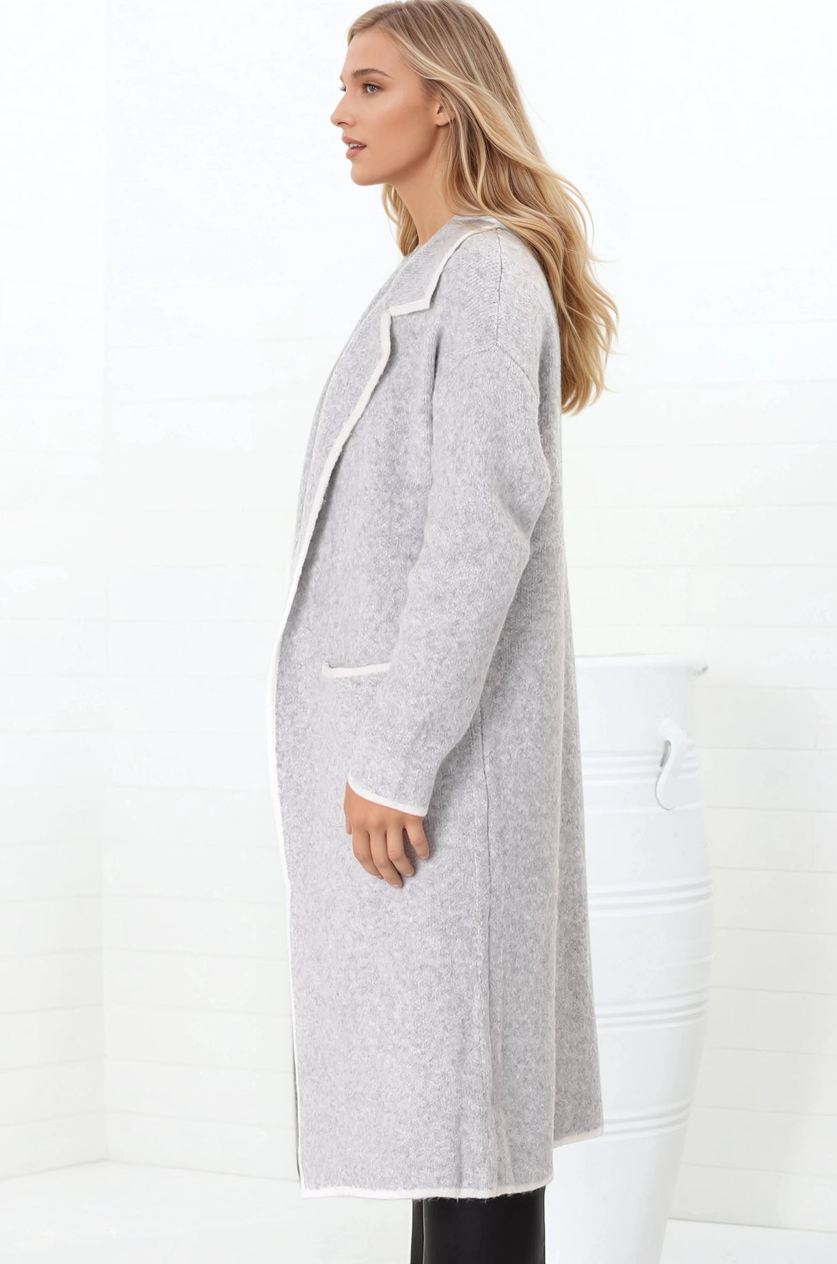 Boston Cardigan - Collared Contrast Hem Cardigan with Pockets in Grey