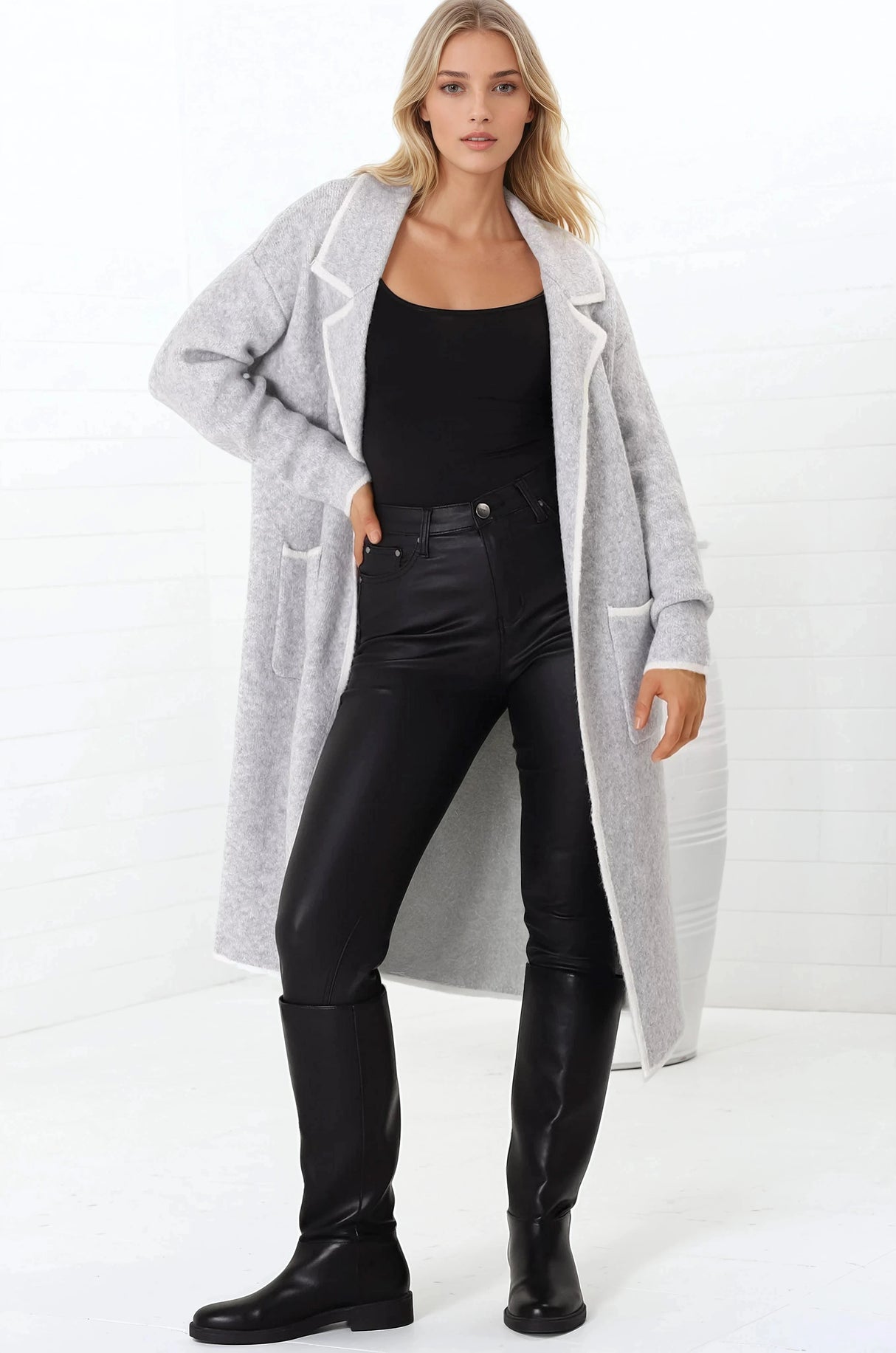 Boston Cardigan - Collared Contrast Hem Cardigan with Pockets in Grey