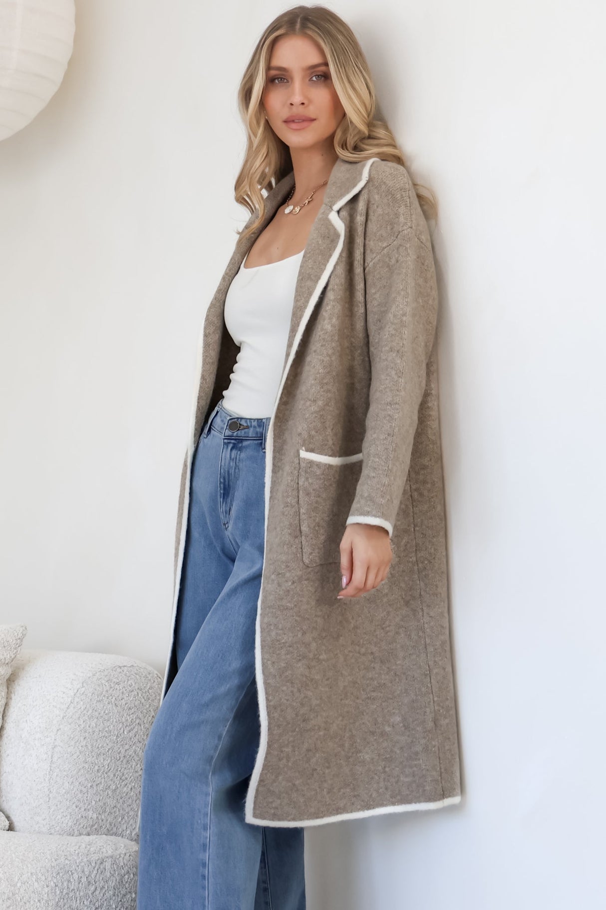 Boston Cardigan - Collared Contrast Hem Cardigan with Pockets in Taupe
