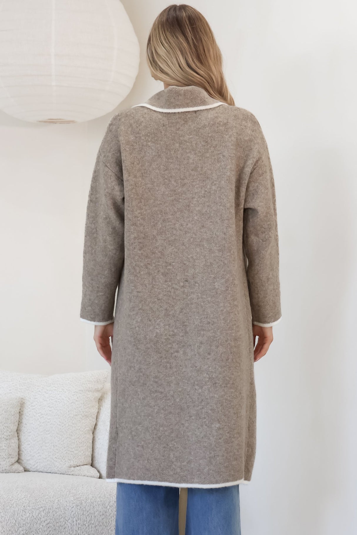 Boston Cardigan - Collared Contrast Hem Cardigan with Pockets in Taupe