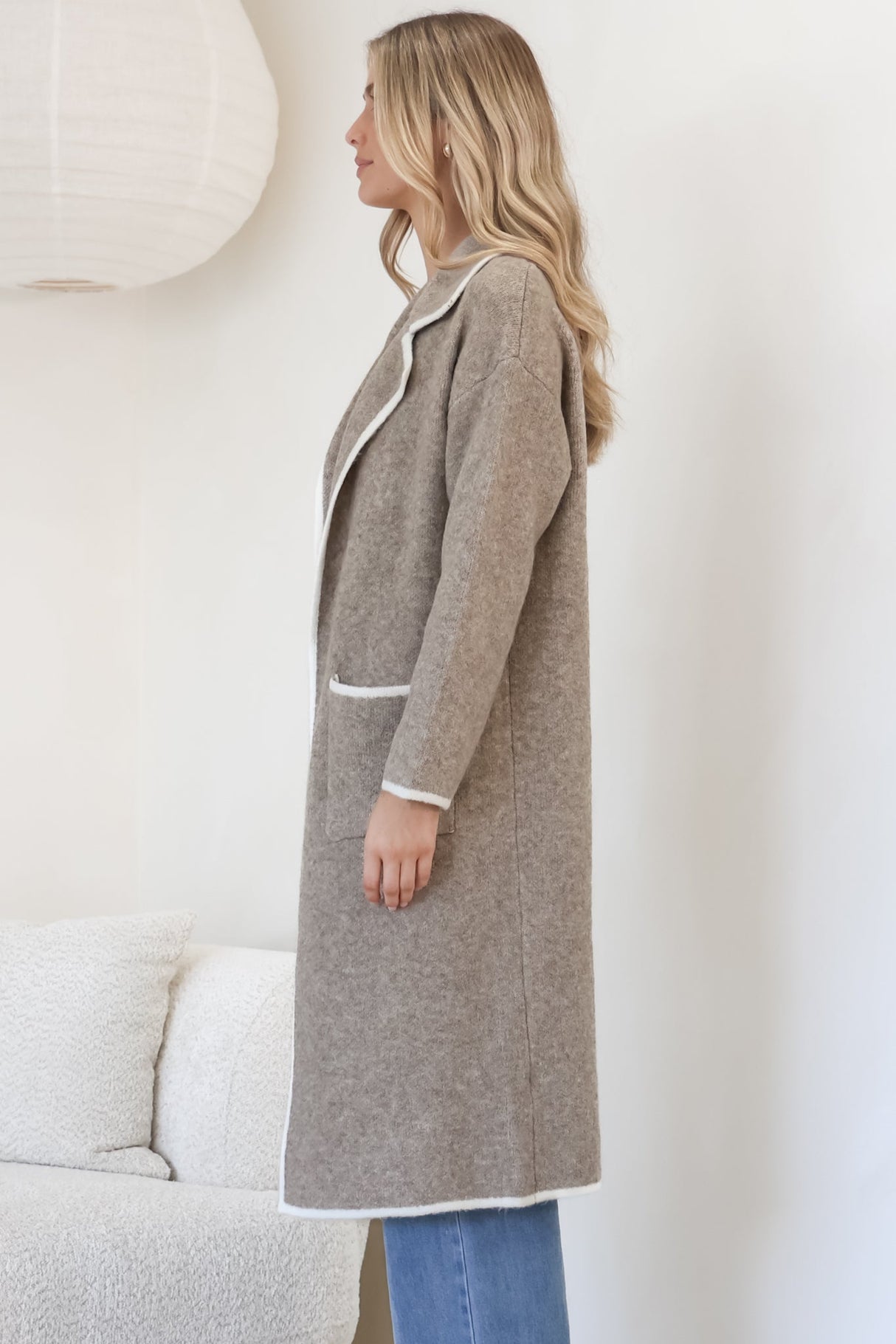 Boston Cardigan - Collared Contrast Hem Cardigan with Pockets in Taupe