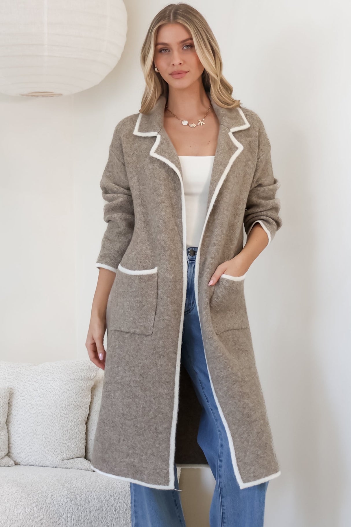 Boston Cardigan - Collared Contrast Hem Cardigan with Pockets in Taupe