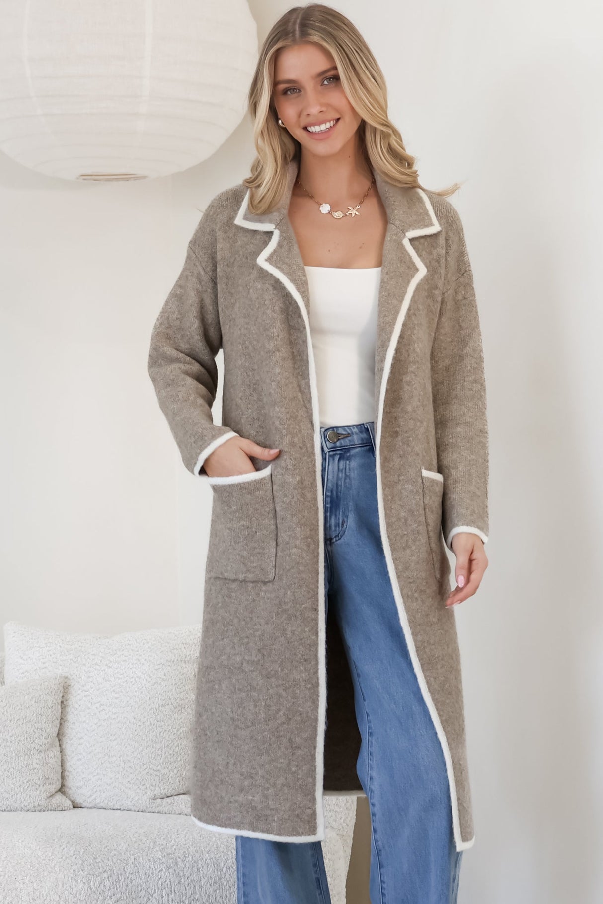 Boston Cardigan - Collared Contrast Hem Cardigan with Pockets in Taupe